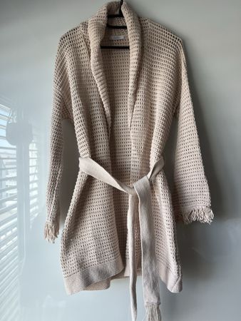 Boho Beige Strickmantel, Gr. S / M Strickjacke Fransen