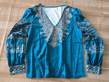 Boho-Tunika │ Langarmbluse │ M │ Petrolblau mit Print-Detail