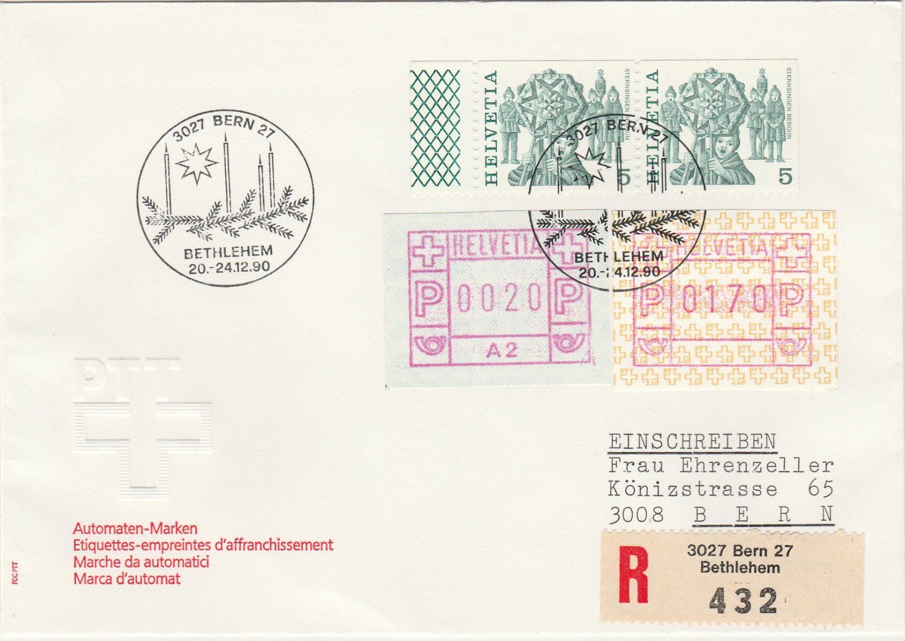 Tutti i francobolli: ATM A2_mit Nr. 8A  auf Brief_BETHLEHEM_2 TYPEN! – Usato da Oberglatt ZH venduto da Wiedmi6
