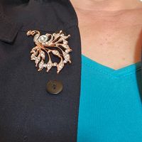 Broche dorée paon strass, neuve