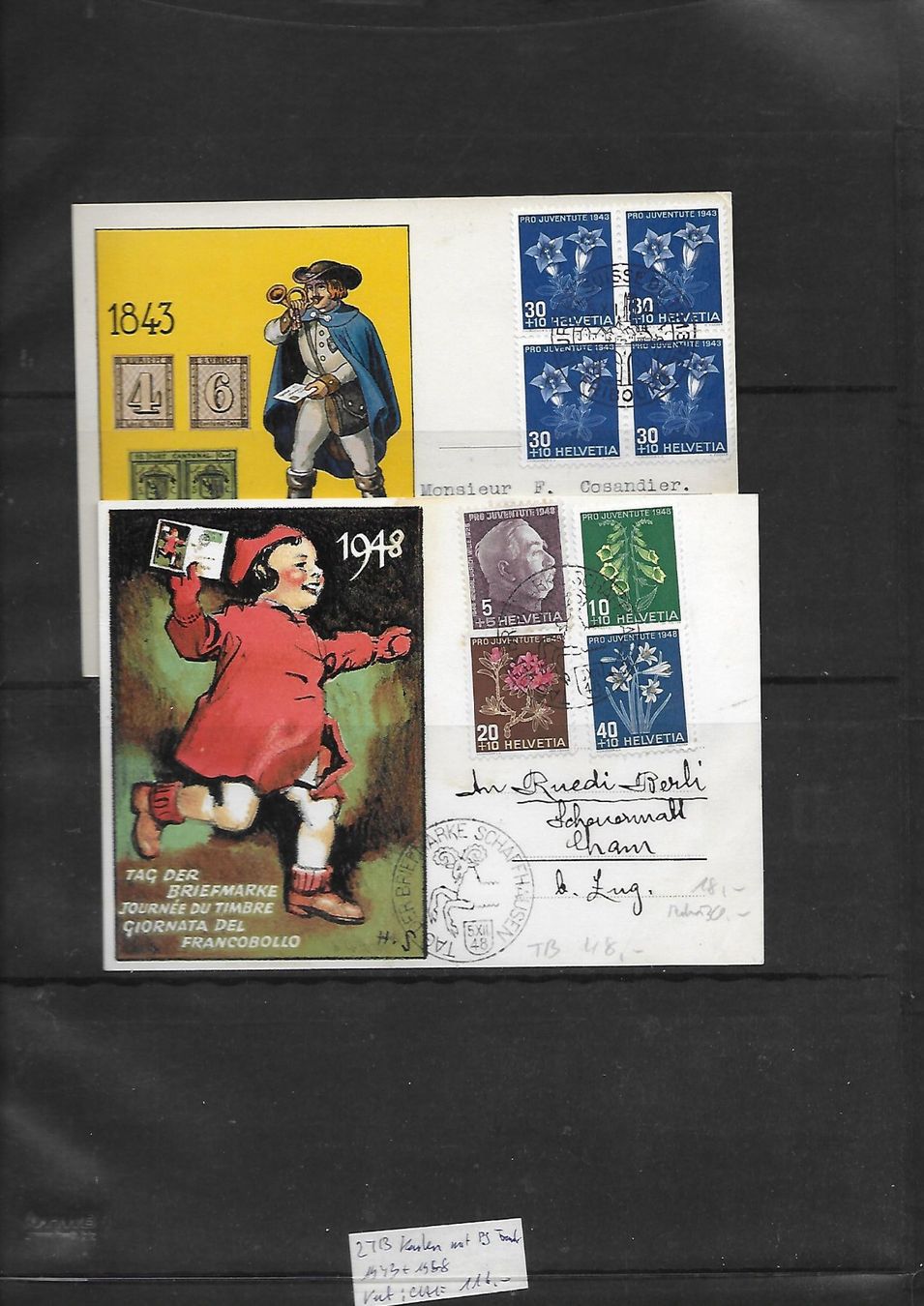 Tutti i francobolli: 2 TB Karten 1943 + 1948 mit PJ Frank. Kat: CHF 116.- – Usato da Basel venduto da Ilp