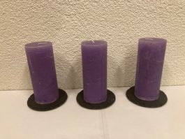 Kerzen 3er Set, je 14 x 6 cm, je 350g, lila gefrostet