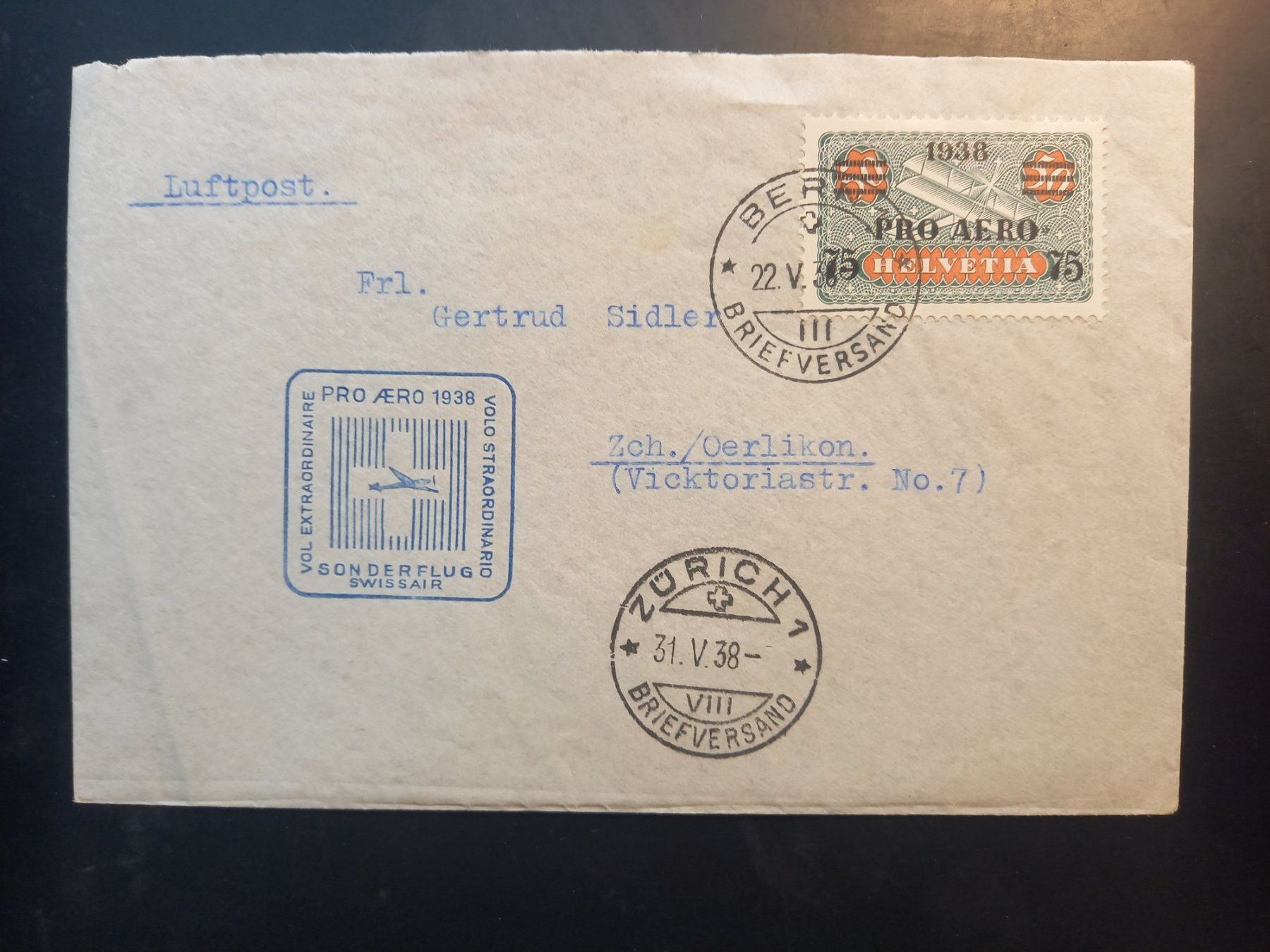 Alle Briefmarken: Luftpost 1938, Stempel Bern und Zürich – Gebraucht aus Herzogenbuchsee von Herkules9