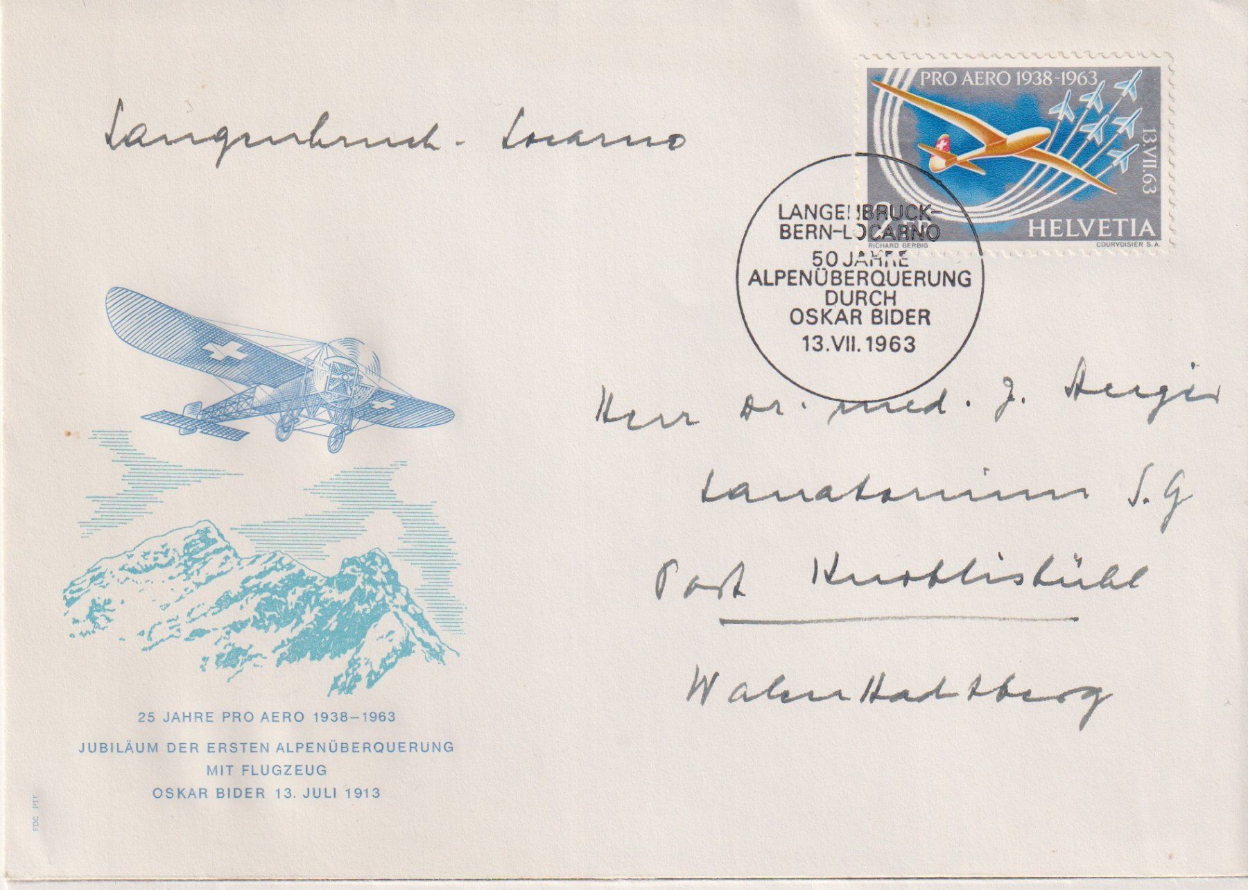 Alle Briefmarken: 1963 Pro Aero Postflug Bern-Locarno SF 63.1b – Gebraucht aus Samnaun-Compatsch von Muckimu
