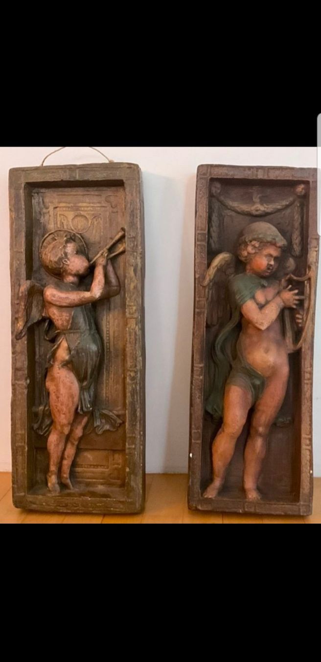 Sculture & Statue: 2 Engel Wandbilder - Relief - Putte - Harfe - Posaune - alt – Usato da Staufen venduto da jasminm01 1