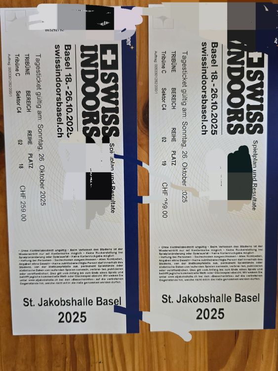 Tickets Swiss Indoor Basel – Événement – Neufs – Pour Souvenir Ou Cadeau