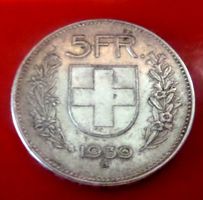 SCHWEIZER SILBER Münze 5 Fr. 1939 sehr gesucht ss-vorz