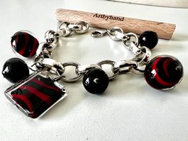 Vintage Glieder Armband Silberoptik schwarz-rote Perlen