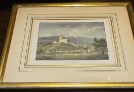 Antiker Stich Schloss & Stadt Werdenberg   19. Jh Gold Frame