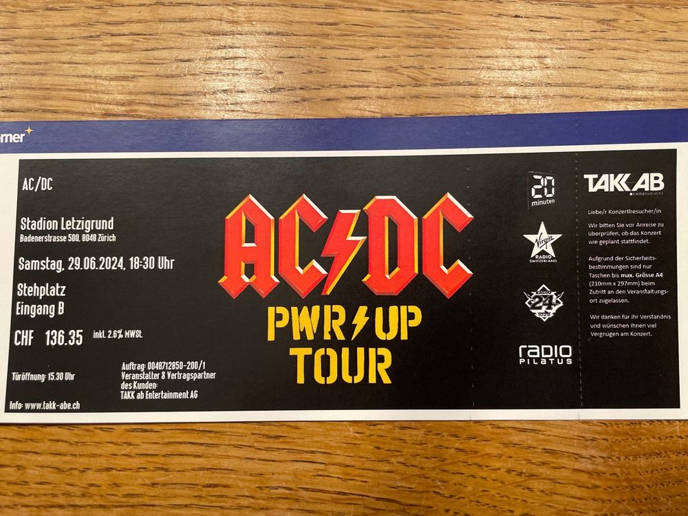 AC/DC Stehplatz Ticket Zürich (Neu und originalverpackt) in Plons für ...