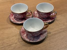 3er Set Tassen mit Blumendekor und Goldrand