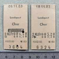 Landquart - Chur, 2 entwertete Bahn Billette, SBB, 1983