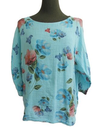 ca Gr. 44 s. Masse TÜRKIS Tunika mit Blumen Baumwolle leicht