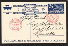 FDC Bundesfeierkarte 1928 , Nr. 48l, Flug Genf -  Zürich
