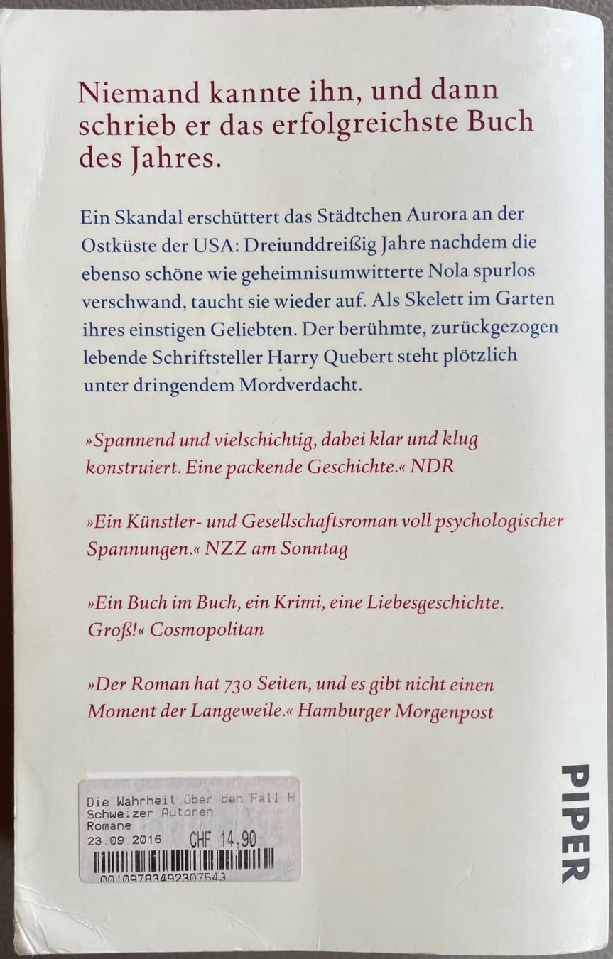 Libri: DIE WAHRHEIT ÜBER DEN FALL HARRY QUEBERT - JOËL DICKER - TB – Usato da Buchs AG venduto da fischli610 3