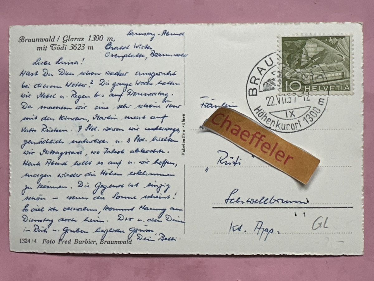 Cartoline postali: 1957 Braunwald / Glarus mit Tödi – Usato da Zürich venduto da Chaeffeler 1