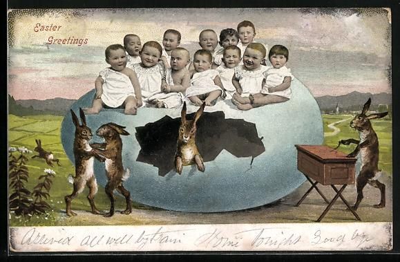Cartoline postali: Osterhase schaut aus Ei mit Babies auf d – Usato da Berlin venduto da bartko-reher