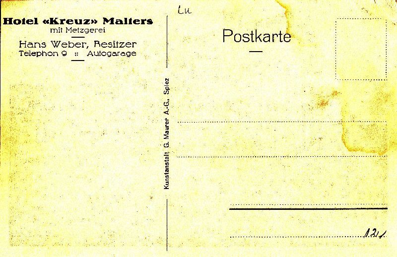 Ansichtskarten: Malters Hotel Kreuz Metzgerei c1930 – Gebraucht aus Emmenbrücke von teestube 1