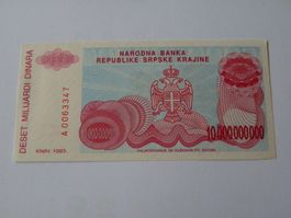 Serbische 10 Milliarden Dinar Banknote 1993, Zustand Neu