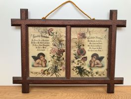 Antikes Engelbild in Holzrahmen und Glas