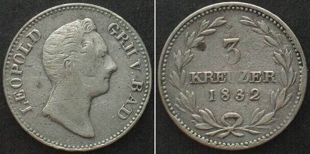 Tutti le monete: BADEN 3 Kreuzer 1832 LEOPOLD Silber ss+ – Usato da Riehen venduto da sesambestcoins2004