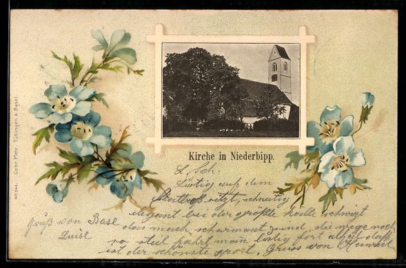 Cartoline postali: Lithographie Niederbipp, Kirche, Blaue Blumen – Usato da Berlin venduto da bartko-reher