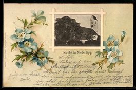 Lithographie Niederbipp, Kirche, Blaue Blumen