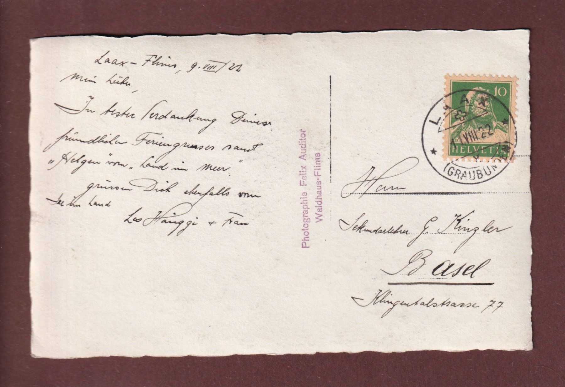Cartoline postali: Foto - Flims CAUMASEE - 1922 – Usato da Pully venduto da nicecards 1