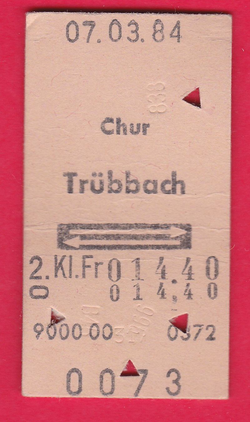 Biglietti: KARTON BILLETT, CHUR - TRÜBBACH, 2.KLASSE, RETOUR – Usato da Oberrieden venduto da Gebirgsstelze