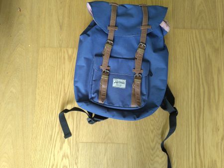 Blauer Rucksack mit Leder-Applikationen