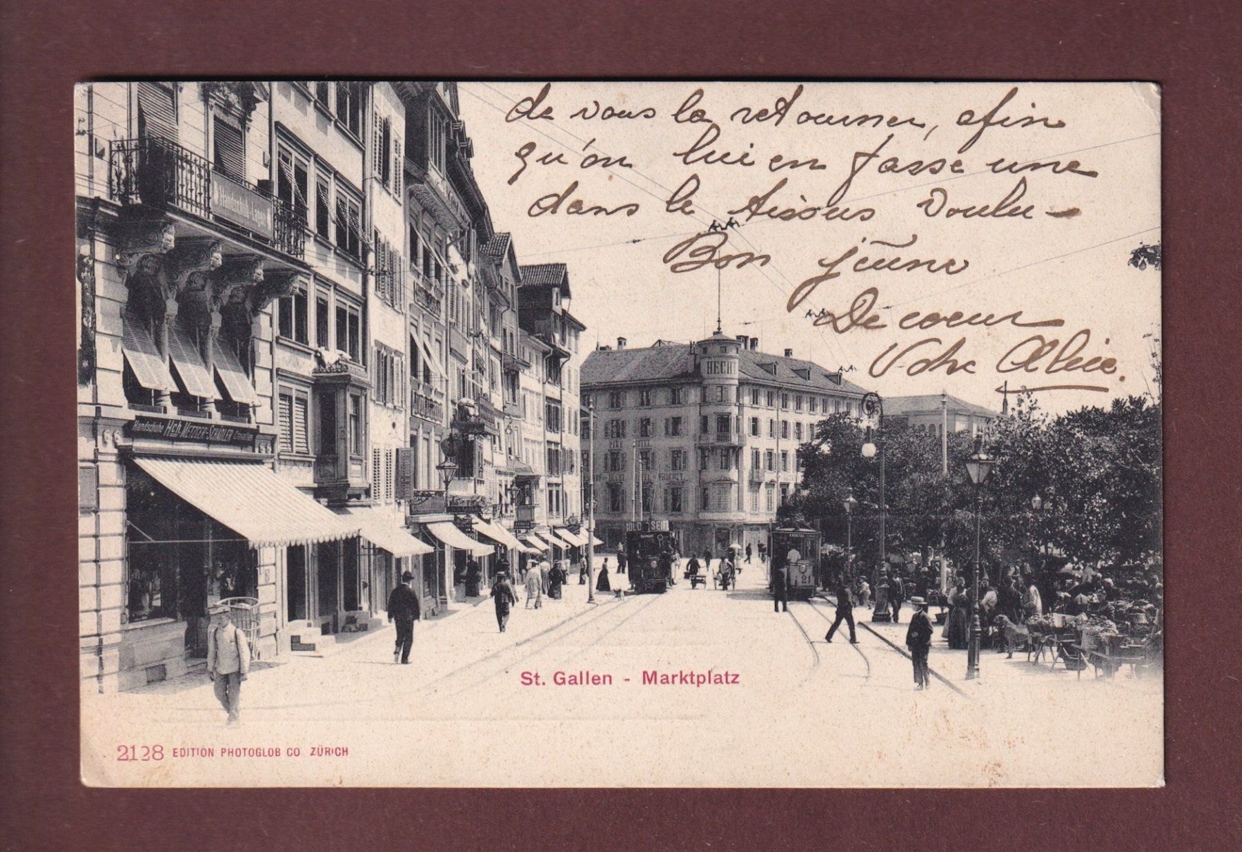 Cartoline postali: ST. GALLEN - Marktplatz - Tram - 1910 – Usato da Pully venduto da nicecards
