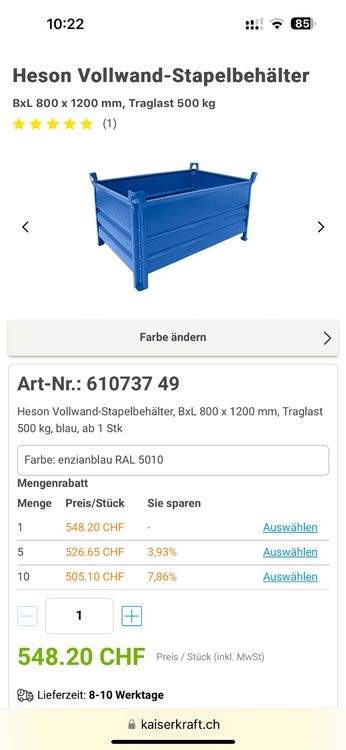 Heson Vollwand-Stapelbehälter BxLxH 800 x 1200 x 500 mm, (Gebraucht) in ...