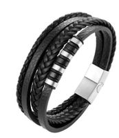 ARMBAND LEDER EDELSTAHL SCHWARZ SILBER