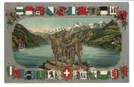 Rütlischwur - 3 Eidgenossen - Kantonswappen Präge-Litho 1914