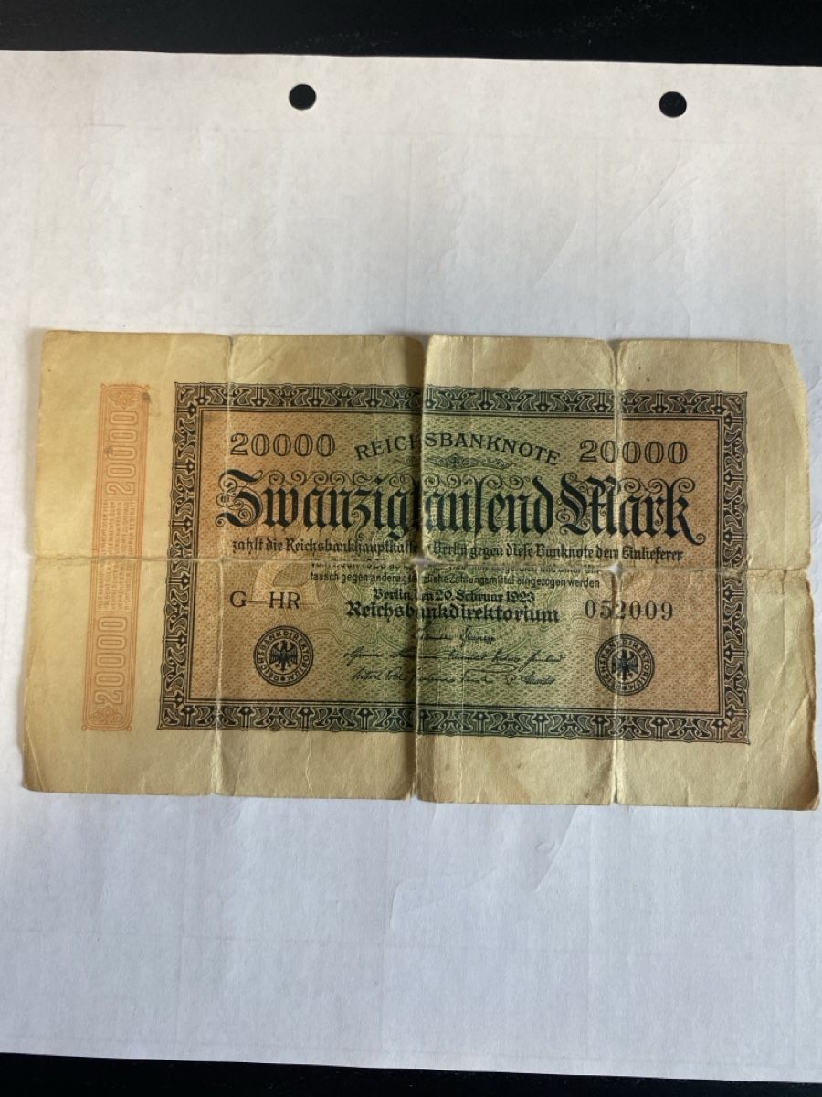 Banknoten: 20000 Mark Reichsbanknote 1923 zerknickt – Gebraucht aus Mörschwil von Marcel4201