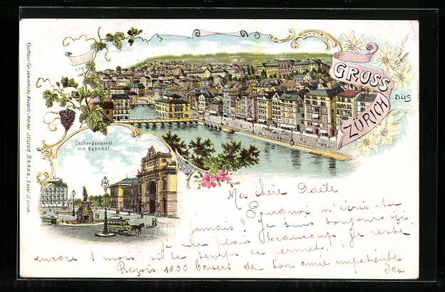 Ansichtskarten: Litho Zürich, Teilansicht, Escherdenkma – Gebraucht aus Berlin von bartko-reher