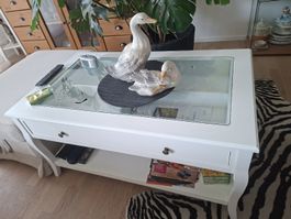 Sofatisch weiss mit Glasplatte und Schublade 