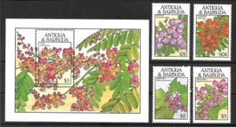 Antigua Barbuda Blumen 4 Werte + Block ** 16.5.1988