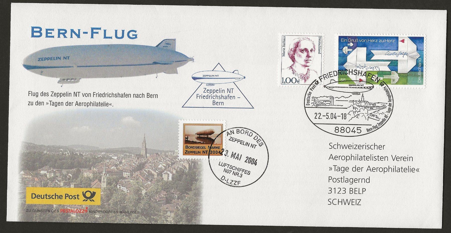 Tutti i francobolli: Zeppelin NT Schweiz 2004 Friedrichshafen Belp Luftpost – Usato da Au ZH venduto da xelagreb01