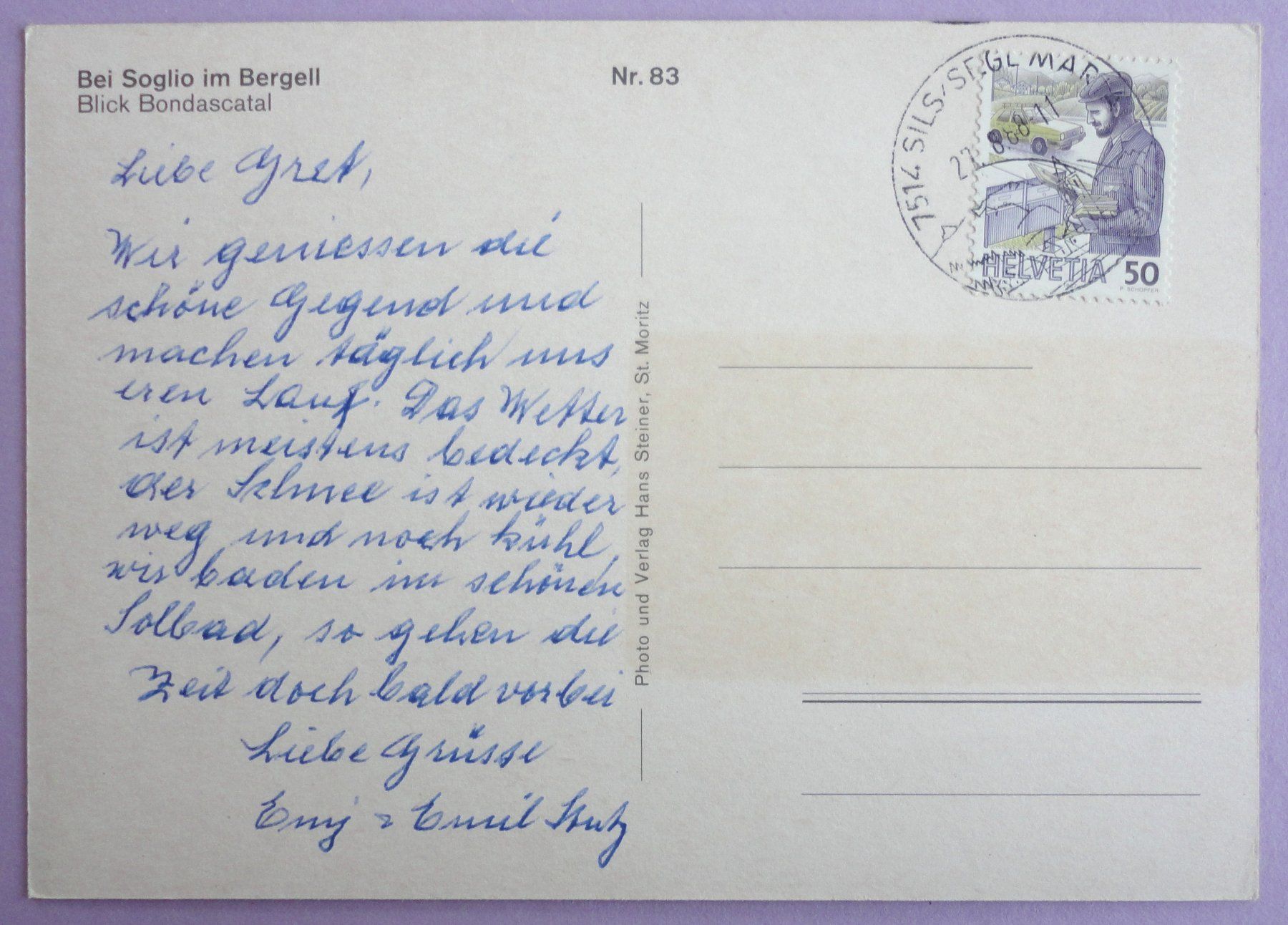 Cartoline postali: Bei Soglio im Bergell, Blick Bondascatal – Usato da Fétigny venduto da Billy2miny 1