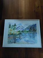 Aquarell Landschaft mit Berg und See signiert R. Lüthi