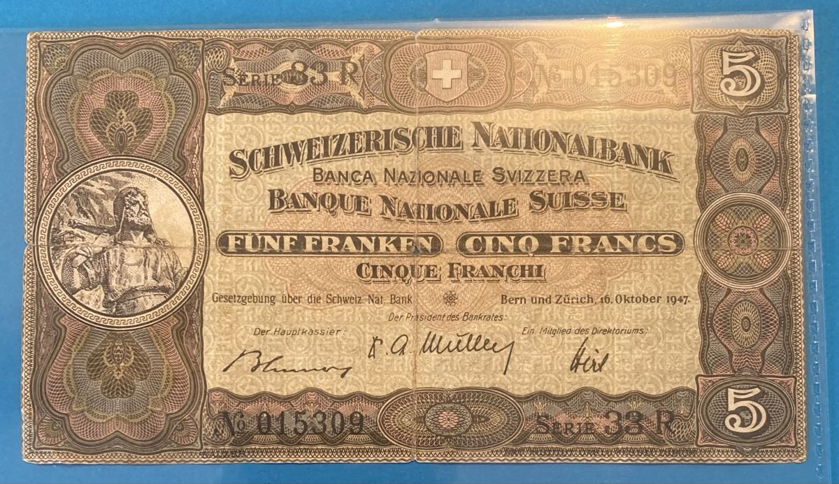 Schweizer 5-Franken Note, 1947, Serie 33 R (Gebraucht) in Hittnau für ...