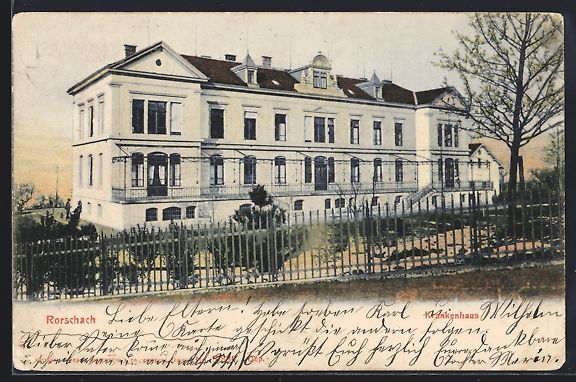 Cartoline postali: Rorschach, Krankenhaus bei Abendstimmung – Usato da Berlin venduto da bartko-reher