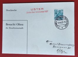 USTER ZÜRICH K. SCHÜTZENFEST SONDERSTEMPEL KARTE OLTEN 1937