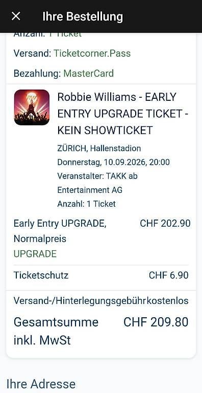 Billets: Early Entry Upgrade Ticket Robbie Williams 10.9.2026 – D'occasion à Oberrohrdorf par Pachira