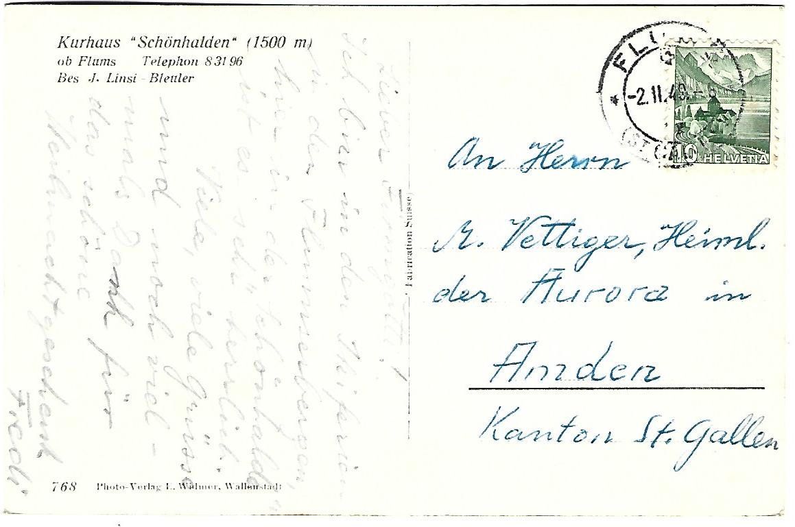 Cartoline postali: Kurhaus Schönhalden ob Flums – Usato da Wetzikon ZH venduto da Brulu100 1