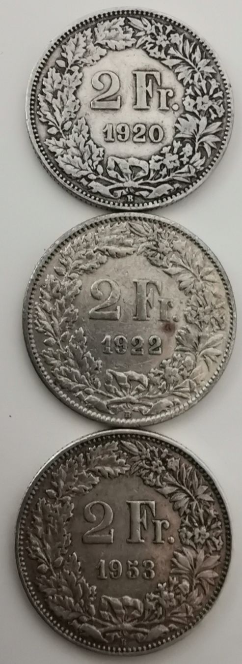 Tutti le monete: 2 Franken 1920 / 1922 / 1953 Silber – Usato da Zürich venduto da turbopuz