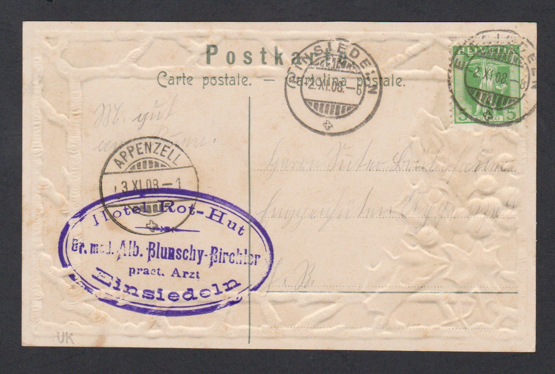 Cartoline postali: Einsiedeln   :   alte Ansichtskarte  Präge-Litho von 1908 – Usato da Vitznau venduto da Ropaku 1