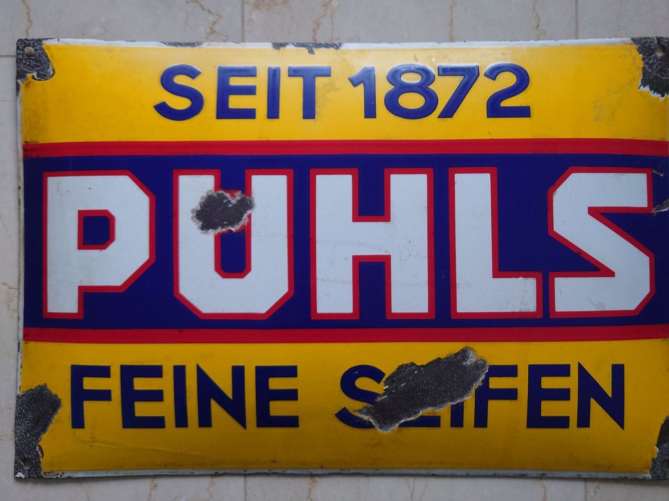 Insegne: Altes Emailschild PUHLS feine Seifen – Usato da Abtwil SG venduto da rabbit64