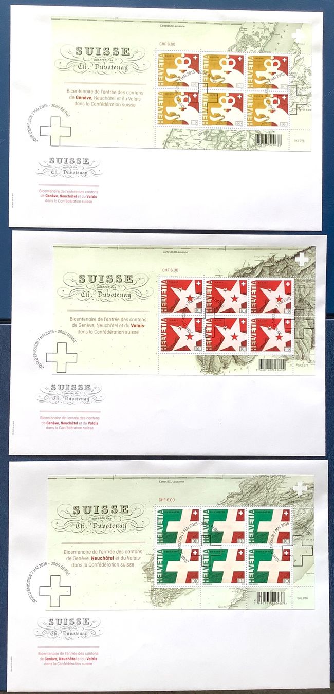 Tutti i francobolli: 2015 / FDC Bogen Satz 200 Jahre  -  GE+NE+VS  . – Nuovo (secondo la descrizione) da Liestal venduto da Skunk02